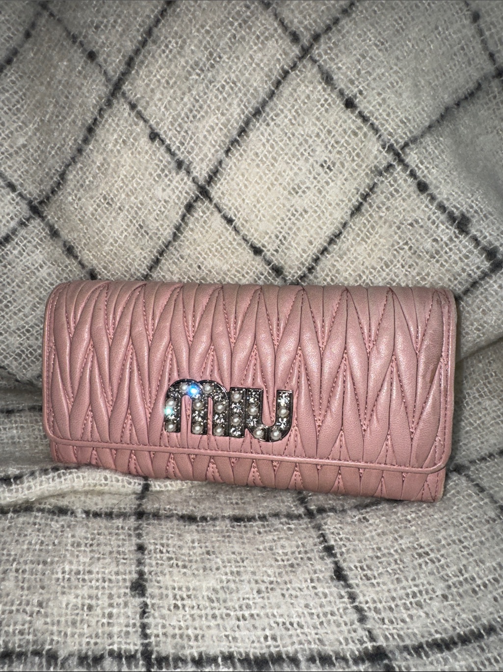 Miu Miu Pink Quilted Matelasse Wallet With Crystal Logo Full Inclusion